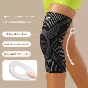 Black silicone spring compression knee brace for sports and fitness