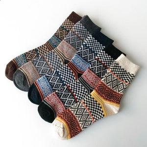Vintage ethnic-style men's wool winter socks in assorted color block patterns