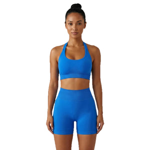 Women's halter sports bra and shorts set in multiple colors