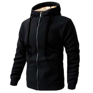 Men's fleece-lined hooded jacket in dark gray, black, army green, and deep blue colors