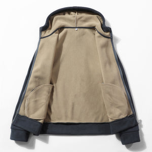 Men's fleece-lined hooded jacket in dark gray, black, army green, and deep blue colors