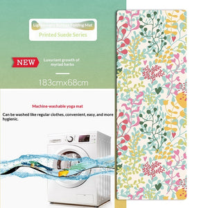 Portable foldable yoga mat with botanical and floral designs in soft suede