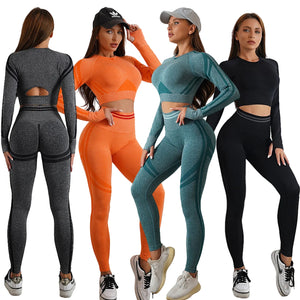 Seamless yoga pants and long sleeve workout set in various colors and styles
