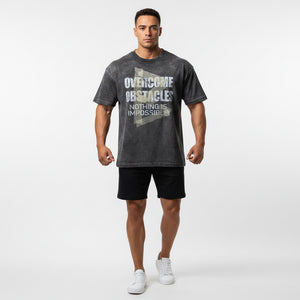 Loose washed cotton t-shirt for men in black and light gray with letter pattern