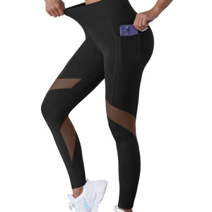 Black mesh stitching yoga cropped sports leggings with peach-hip contouring