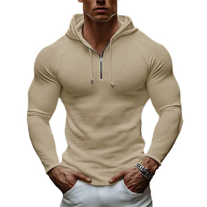 Men's slim fit long sleeve hoodie available in white, gray, black, and apricot colors
