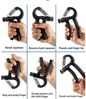 Adjustable hand grip strength trainer in black and red with ergonomic design