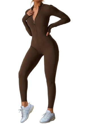 Hip raise skinny one-piece workout jumpsuit for women in black and brown colors