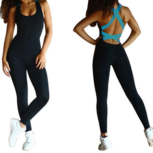 Women's yoga workout fitness jumpsuit in multiple colors with strapped back design