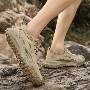 Men's breathable mesh work sneakers with tire pattern rubber soles in gray and khaki