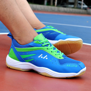 Unisex badminton training and running shoes in blue, sky blue, and yellow colors
