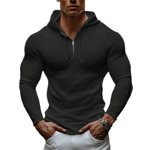 Men's slim fit long sleeve hoodie available in white, gray, black, and apricot colors