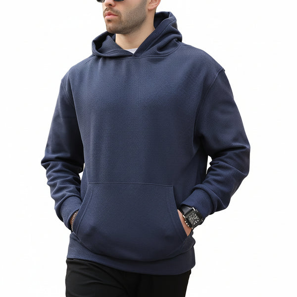 Men's casual long-sleeve hoodie in various colors including white, black, khaki, army green, and navy blue