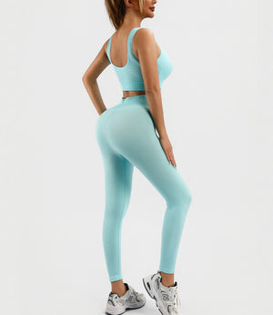Seamless women's workout set with ribbed tank and high waist yoga shorts in multiple colors