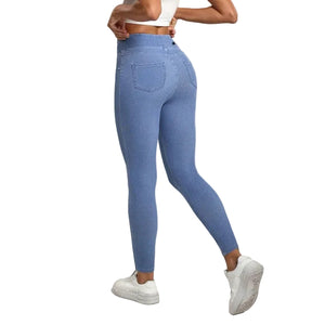 High waist slimming sports pants with double pockets in light blue, dark blue, and black colors