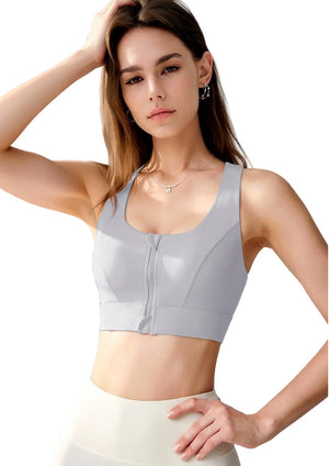 High-impact front-zip women's sports bra in multiple colors and sizes