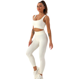 Seamless yoga set with high waist leggings and matching bra in various colors