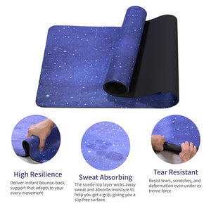 Blue multi-color non-slip TPE yoga mat measuring 72 by 24 inches