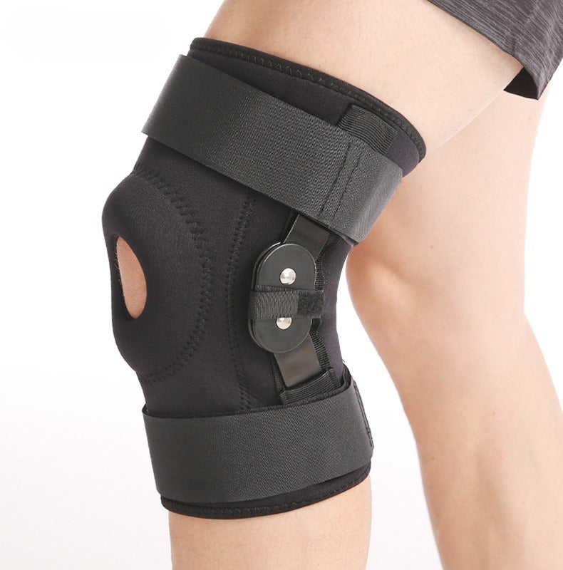 Adjustable knee brace with patella strap shown from multiple angles