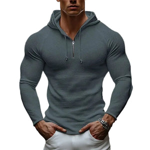 Men's slim fit long sleeve hoodie available in white, gray, black, and apricot colors