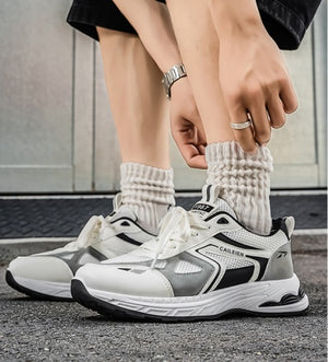 Men's breathable mesh running sneakers with thick rubber sole in beige blue and beige black