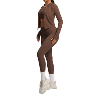 Breathable form-fitting women's workout three-piece activewear set in various colors