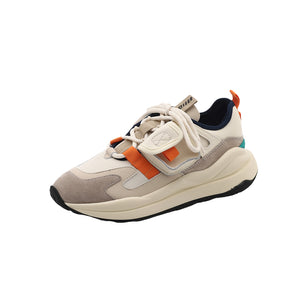 Women's leather colorblock running sneakers in black, orange, and khaki with lace-up closure