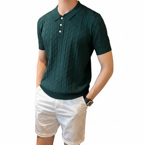 Men's summer striped short-sleeve polo shirt in black, white, gray, and green colors