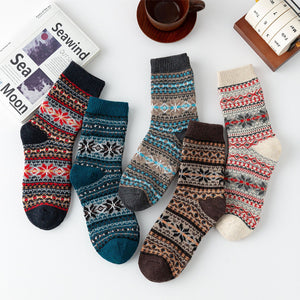Vintage ethnic-style men's wool winter socks in assorted color block patterns