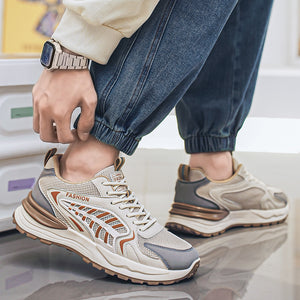 Men's breathable mesh sports sneakers in beige and gray with thick rubber sole