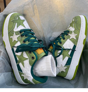 Casual couple German training shoes with thick soles in white and green colors
