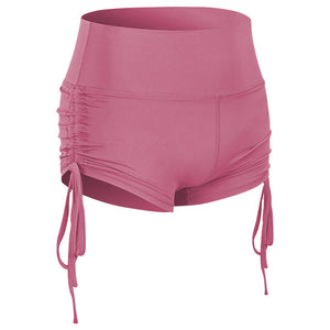 Women's side drawstring sports shorts in various colors including black, blue, green, red, grey, and purple