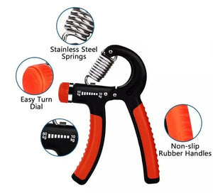 Adjustable hand grip strength trainer in black and red with ergonomic design