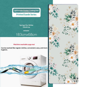 Portable foldable yoga mat with botanical and floral designs in soft suede