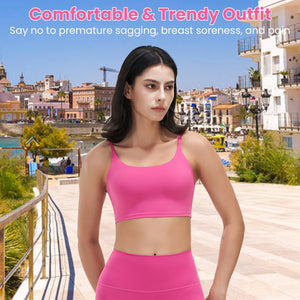 Women's strappy padded sport bra with square neckline and removable pads
