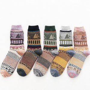 Vintage ethnic-style men's wool winter socks in assorted color block patterns