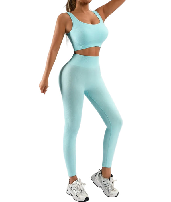 WOMEN'S SEAMLESS HIGH WAIST WORKOUT SET WITH RIBBED TANK AND YOGA SHORTS