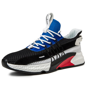 Lightweight men's walking trainers in white yellow, white red, and black blue color options