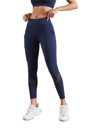 Women's performance yoga leggings in black and navy blue shown in various active poses