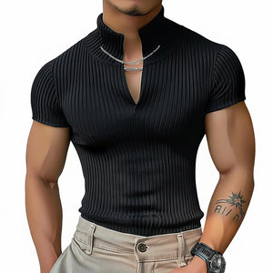 Men's brick red V-neck knitted short-sleeve ribbed t-shirt