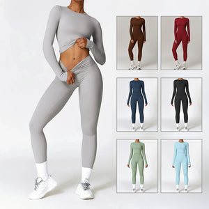 Women's quick-dry brushed yoga set with long sleeve top and high waist leggings in various colors