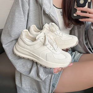 Women's casual lace-up dad shoes in white and beige with genuine leather upper and foam rubber sole