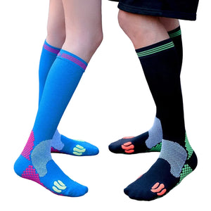 Moisture-wicking running socks in various colors and tube heights for men and women