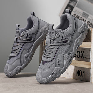 Men's breathable mesh dad sneakers with thick rubber sole in gray, khaki, and black