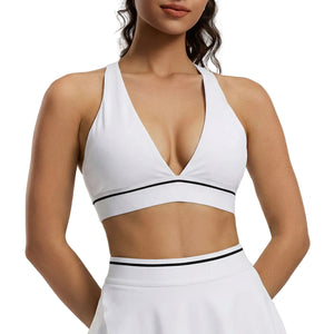Women's tight yoga sports bra with deep V neck and stylish back design in multiple colors
