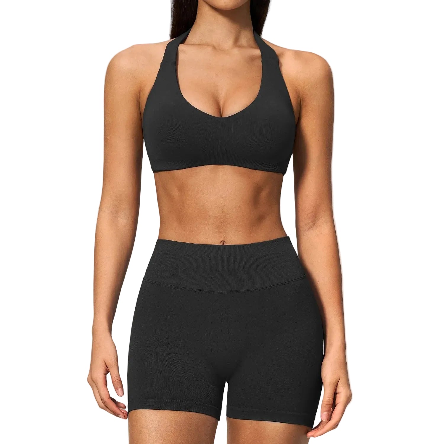 Halter-neck high-waisted tummy-control shorts set for women in multiple colors