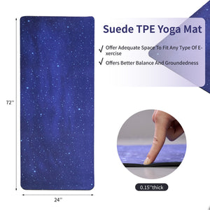 Blue multi-color non-slip TPE yoga mat measuring 72 by 24 inches