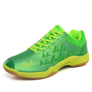 Men's badminton training shoes in blue, sky blue pink, red, and green with mesh upper and rubber sole