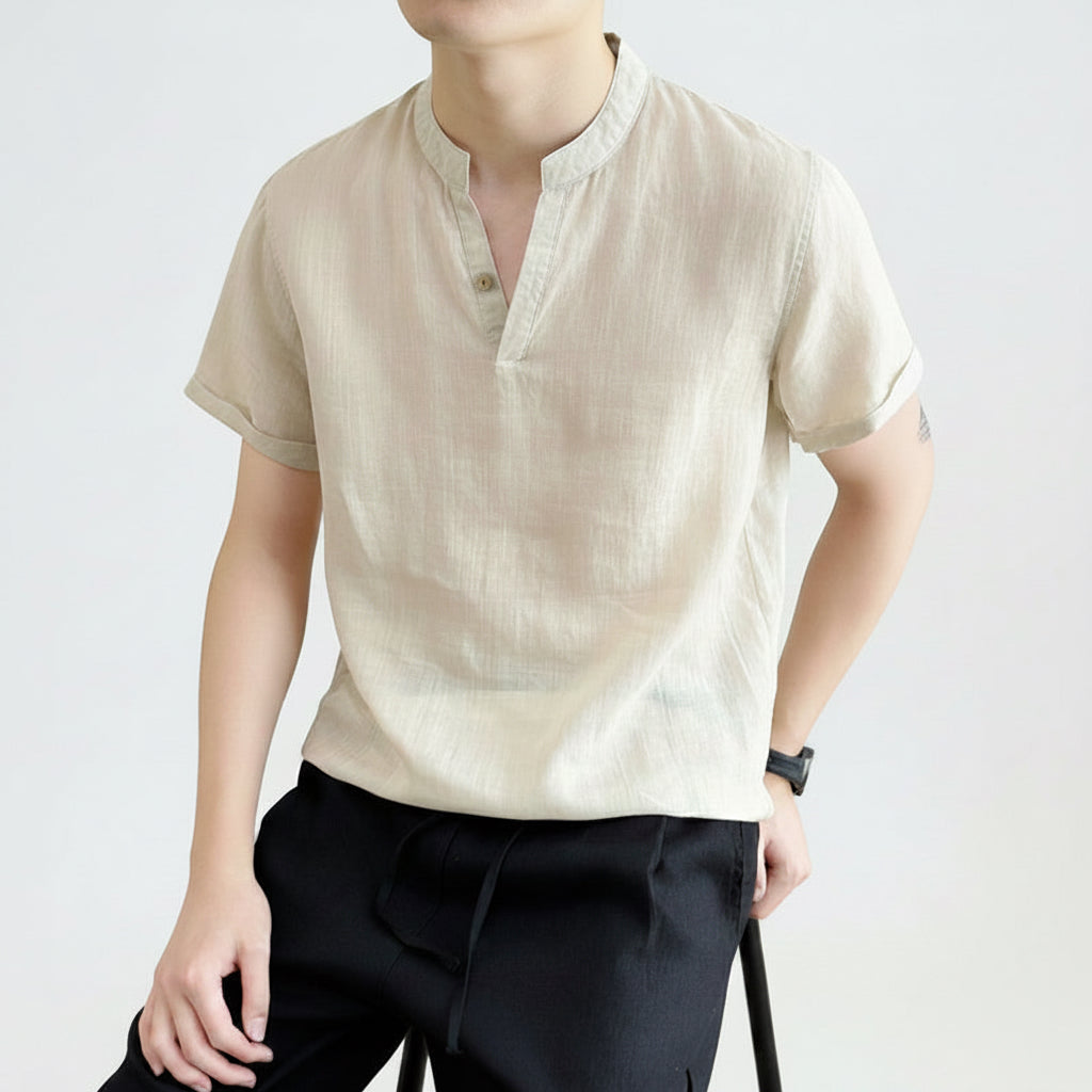 Men's V-neck loose fit breathable short sleeve linen shirt in various colors