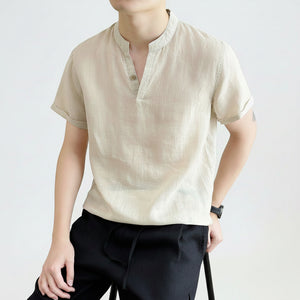 Men's V-neck loose fit breathable short sleeve linen shirt in various colors